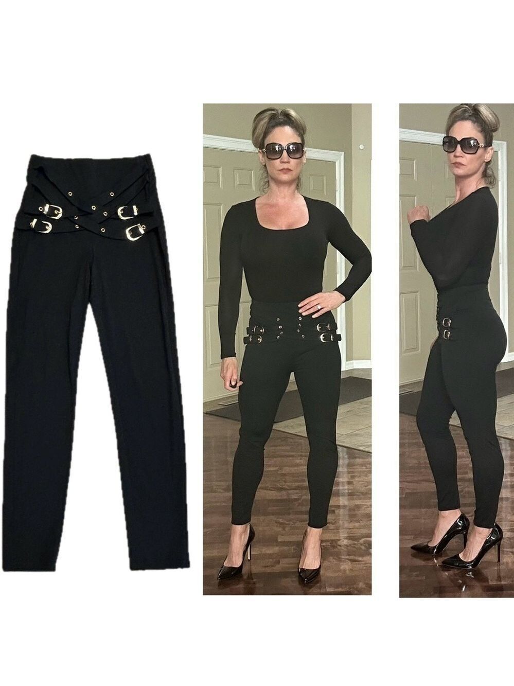 Black high waisted leggings gold tone buckle embellished detail stretchy spandex